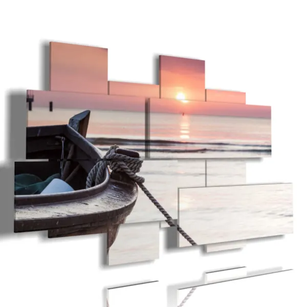 Cuadros con barcos en un atardecer rosado