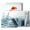 paintings with fish jumping into the void - version: 5 pannelli 102x93cm